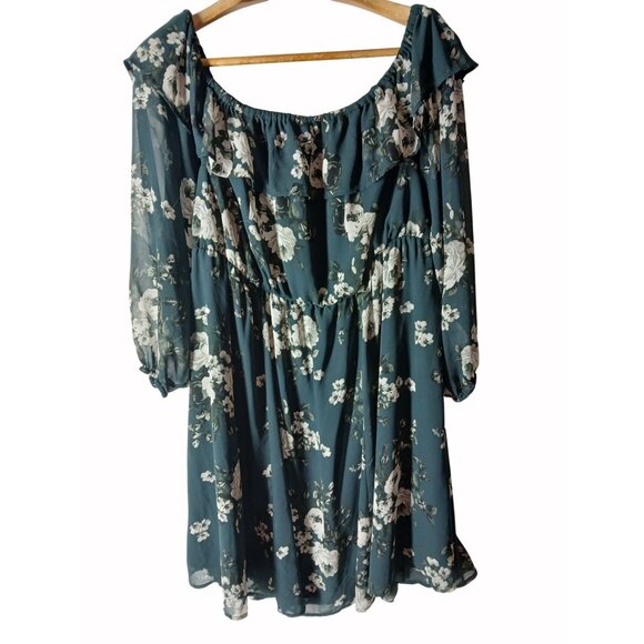 torrid Dresses & Skirts - Torrid Womens Floral Off Shoulder Green Ruffled Chiffon Mini Dress Size 3 3X